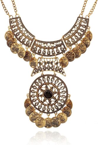 Ymqewq Kenfery Bohemian Engraved Coin Tassel Necklace Retro Gothic Black Gemstone Carving Geometric Necklace Boho Statement Necklace Jewelry for Women (Retro Silver) in Kuwait