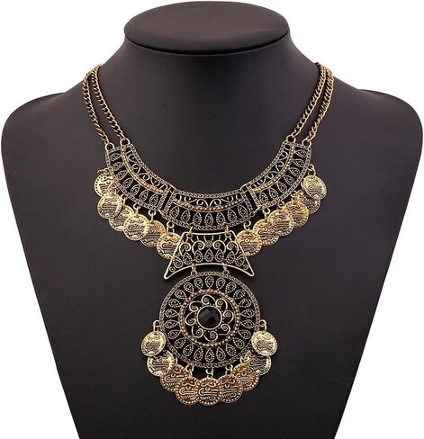 Ymqewq Kenfery Bohemian Engraved Coin Tassel Necklace Retro Gothic Black Gemstone Carving Geometric Necklace Boho Statement Necklace Jewelry for Women (Retro Silver) in Kuwait