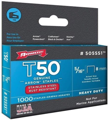 Arrow Fastener 505SS1 Heavy Duty T50 Stainless Steel Staples for Upholstery, Construction, Furniture, Crafts, 5/16-Inch Leg Length, 3/8-Inch Crown Size, 1000-Pack in Saudi Arabia