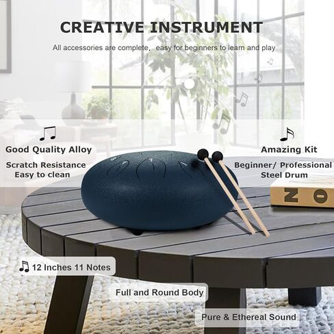 Ranch Steel Tongue Drum 12 Inches 11 Notes Handpan Drum C Key Percussion Instrument Hand Drum for Beginners Easy to Learn Tank Drum with Bag, Mallets, Music Book, Note Stickers, Finger Picks - Black in Kuwait