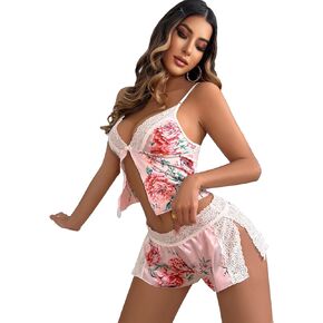 Cozyease Women's 2 Piece Floral Print Lace Trim Camisole and Split Thigh Short Satin Lingerie Set