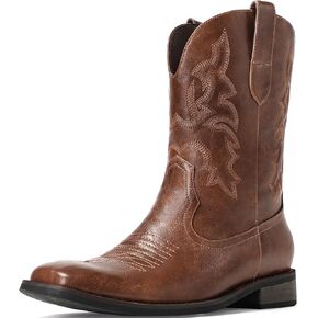 Suokdil Brown Cowboy Boots for Men - Men's Western Boots With Embroidered, Slip Resistant Square Toe Faux Leather Ankle Boots, Durable and Fashionable Retro Classic Short Boots For Spring Fall Size 9