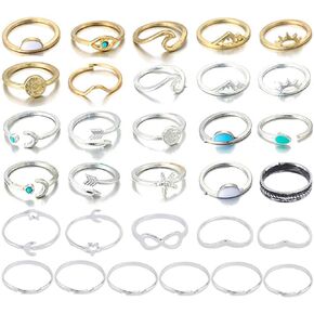 CSIYANJRY99 Boho Gold&Silver Ring Set Star Moon Knuckle Rings for Women Teen Girls,Stackable Midi Finger Rings Set Wave Turquoise Evil Eye Rings Multiple Rings Bulk Pack