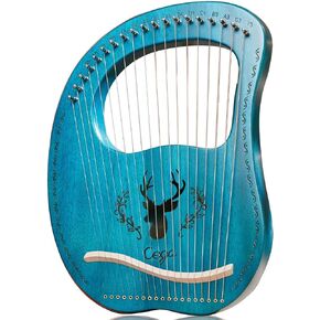Lyre Harp 19 Metal String Ancient Greece Style Mango Shaped Deer Pattern Box Type Lyra Harp with Tuning Wrench and Instruction Guide for Adult kids and Beginner (Blue)