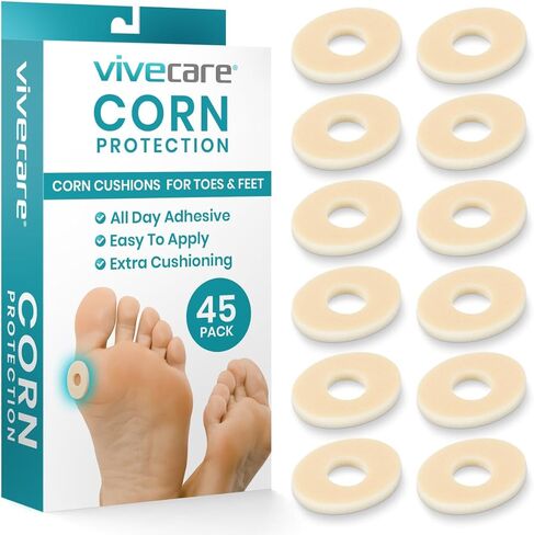 وسادات الذرة من VIVESole للأقدام (45 قطعة) - وسائد الذرة بين أصابع القدم وأسفل القدم - رقع إسفنجية ناعمة لتخفيف الذرة - بطانة دائرية ذاتية اللصق للقدمين، إصبع القدم الكبير، وواقي إصبع القدم الخنصر in Kuwait