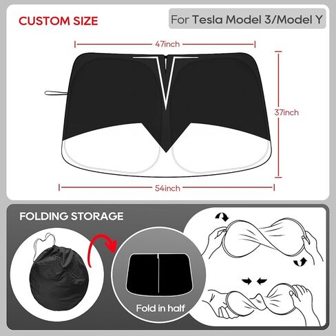 Black Sunshade for Tesla Model 3/Y, UPF50+ Double-Layer 240T High-Density, Front Windshield Sun Visor, Blocks UV/Heat, Foldable Window Cover Keeps Vehicle Cool, for Model 3 Model Y Accessory in Kuwait
