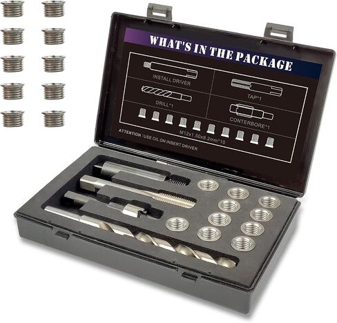 M12X1.5X9.2MM Thread Repair Kit with Insert HSS Drill, Tap, Counterbore, Installation Driver, Metric, 10PCS Stainless Steel Insert M12X1.5X9.2MM in Kuwait