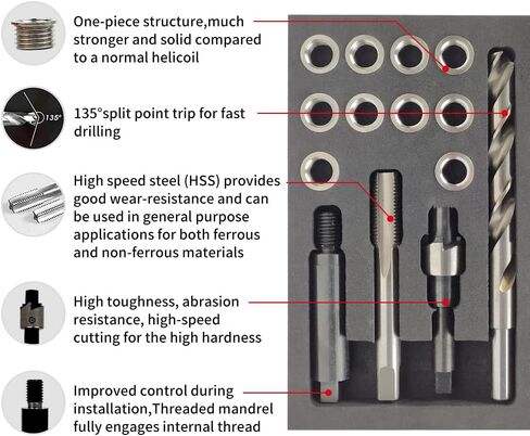 M12X1.5X9.2MM Thread Repair Kit with Insert HSS Drill, Tap, Counterbore, Installation Driver, Metric, 10PCS Stainless Steel Insert M12X1.5X9.2MM in Kuwait