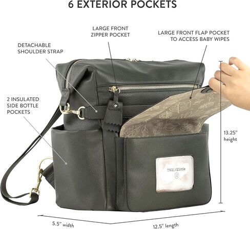 حقيبة ظهر TWELVElittle Peek A Boo للحفاضات قابلة للتحويل مع وسادة تغيير وحقيبة مناديل ومشابك لعربة الأطفال، جلد نباتي in Kuwait