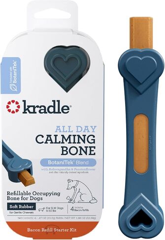 Kradle All Day Calming Bone, 6 Inch Rubber, Refillable Occupying Bone for Dogs (4 Refills), Dog Relief for Separation Anxiety, Thunder, Car Rides, & Stress with BotaniTek Calming Formula, Bacon Flavor in Kuwait