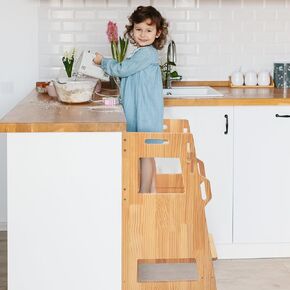 FUNLIO Toddler Tower with Safety Net, Kids Kitchen Step Stool, 3-Level Height Adjustable Toddler Kitchen Stool Helper, Montessori Child Standing Tower for Learning, Easy to Assemble, CPC Approved