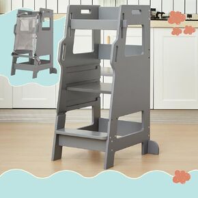 FUNLIO Toddler Tower with Safety Net, Kids Kitchen Step Stool, 3-Level Height Adjustable Toddler Kitchen Stool Helper, Montessori Child Standing Tower for Learning, Easy to Assemble, CPC Approved