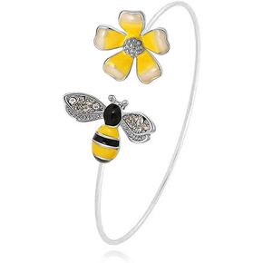 MANZHEN Fashion Yellow Flower and Honey Bee Adjustable Charm Bangle Bracelet Women Jewelry