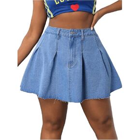 MakeMeChic Women's Plus Size Pleated Denim Skirt Ruffle High Waisted Mini Jeans Skirts