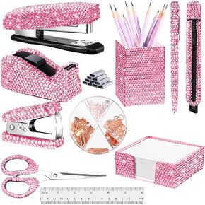 10 Pcs Bling Office Accessories for Desk Bling Crystal Office Supplies Set Desk Accessory Kit Glitter Stapler Staple Remover Tape Dispenser Diamond Pen Scissors for Women Office Home Desk (Pink)