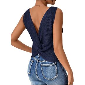 SweatyRocks Women's Twist Backless Tank Tops Round Neck Sleeveless Sweater Vests