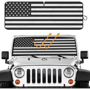 Big Hippo American Flag Windshield Sunshade for 2007-2023 Wrangler Rubicon Sahara TJ JK JKU 2 & 4 Door Car Sun Shade Sun Visor Protector Blocks UV Rays and Keep Vehicle Cool (Black)