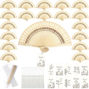100 Set Folding Wooden Carved Sunflower Fragrant Hand Fans Sandalwood Hollow Carved Handheld Fans with Thank You Cards, Tassels and Gift Bags for Wedding Guests Party Favors Dancing Bridal Shower