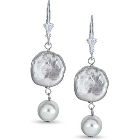 Bridal White Biwa Coin Freshwater Cultured Pearl Clip On Earrings For Women Non Pierced Ear .925 Sterling Silver