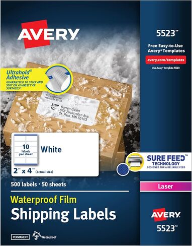 ملصقات شحن قابلة للطباعة مقاومة للماء من Avery مع تغذية مؤكدة، 2 بوصة × 4 بوصة، أبيض، 100 ملصق بريدي فارغ (15513) in Kuwait