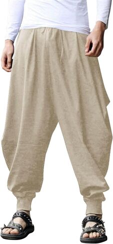COOFANDY Men Hippie Harem Pants Baggy Linen Cotton Boho Yoga Pants Summer Beach Pants Casual Drop Crotch Trouser in Kuwait