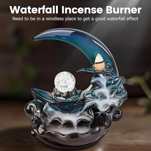 مبخرة شلال القمر، حامل البخور ذو التدفق الخلفي مع كرة كريستال، نافورة شلال البخور، مبخرة بخور سيراميك مصنوعة يدويًا للمنزل زن ديكور سبا اليوغا والتأمل، هدايا للنساء لعيد الميلاد in Kuwait