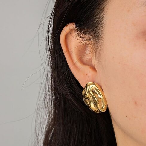 REELMAR Chunky Gold Geometric Clip On Earrings for Women Trendy Thick Hammered Rectangle Dupes Earrings Minimalist Statement Earrings for Girls No Piercing Clips in Kuwait