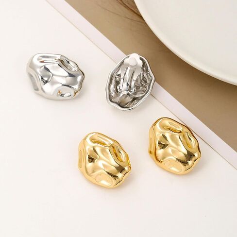 REELMAR Chunky Gold Geometric Clip On Earrings for Women Trendy Thick Hammered Rectangle Dupes Earrings Minimalist Statement Earrings for Girls No Piercing Clips in Kuwait