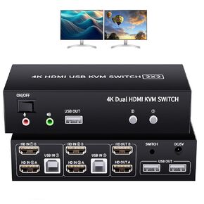 2 HDMI Port KVM Switch Dual Monitor with 3 USB 3.0 Ports, HDMI KVM Switch for 2 Monitors 2 Computers, Support 4K@60Hz Copy Extended Splicing Display, Button Controller & 2 USB Cables Included