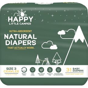 Happy Little Camper Ultra-Absorbent Hypoallergenic Natural Disposable Baby Diapers, Chlorine-Free Protection for Sensitive Skin, Infant, Size 2, 36/216 Count