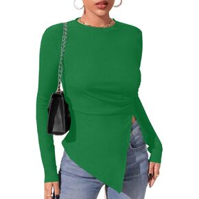 Remidoo Women's Asymmetrical Split Hem T Shirt Long Sleeve Rib Knit Ruched Side Tee Tops