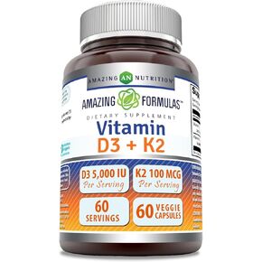 Amazing Formulas Vitamin D3 5000 IU with Vitamin K2 100 Mcg | 120 Veggie Capsules Supplement | Non-GMO | Gluten Free | Made in USA