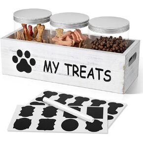 qeerable Dog Treat Container for Countertop - Dog Food Storage with 3 Jars - Pet Food Organizer For Puppy - Airtight White Wooden Dog Treat Storage With Lids - Great Gift for Pet Dog Owners