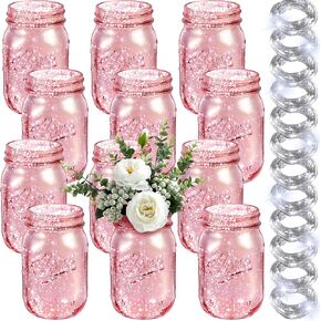 Tioncy 12 Pcs Painted Mason Jars for Table Glass Decorative Jars with 12 Light Strings for DIY Wedding Valentines Day Housewarming Home Decoration(Gold)