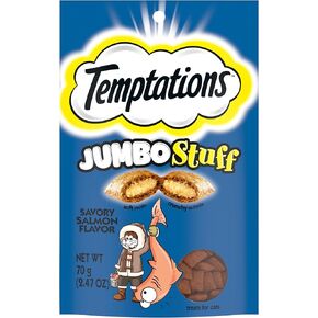 TEMPTATIONS Jumbo Stuff Crunchy and Soft Cat Treats Savory Salmon Flavor, 2.5 oz. Pouch (Pack of 12)
