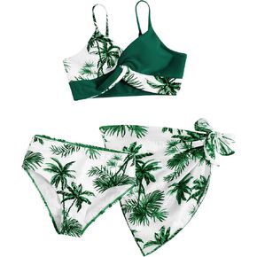 Milumia Girl's 3 Piece Swimsuits Tropical Print Twist Front Bikini Set with Coverup Skirt in Kuwait