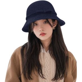 Women Wool Bowler Hat Warm Cloche Bucket Vintage Church Bucket Round Felt Hat with Bowknot Ladies Elegant Headwear for Party