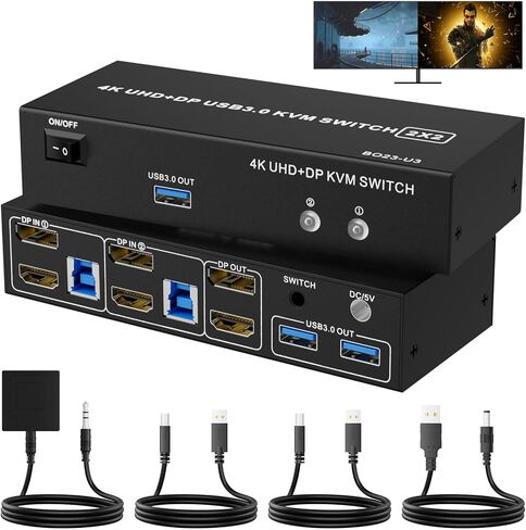 2 HDMI Port KVM Switch Dual Monitor with 3 USB 3.0 Ports, HDMI KVM Switch for 2 Monitors 2 Computers, Support 4K@60Hz Copy Extended Splicing Display, Button Controller & 2 USB Cables Included in Saudi Arabia