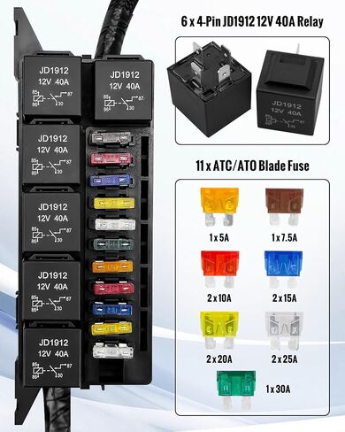 12V Fuse Relay Box Waterproof, 6 Relay Slots and 6 ATC/ATO Blade Fuse Holder, with 5Pcs 5-Pin 80A Relays & 1Pc 4-Pin 40A Relay & 6 Fuses, Relay Fuse Block for Car Truck Marine Boat in Kuwait