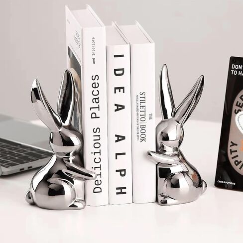 Decorative Ceramic Book Ends, Quirky Rabbit Bookends, Bunny Book Holders Stopper for Shelves Art Bookend - Silver in Saudi Arabia