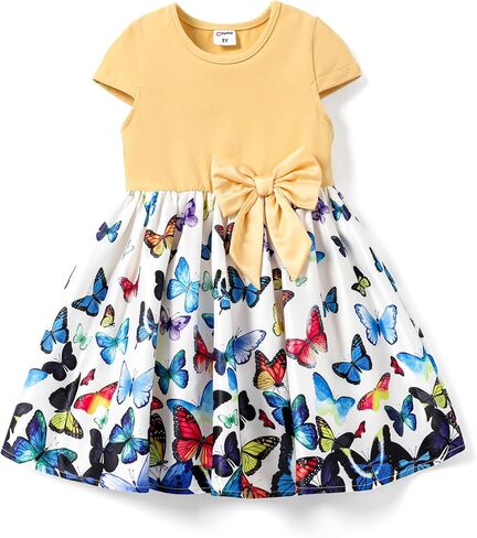 فستان للفتيات من PATPAT بأكمام قصيرة وعقدة على شكل فيونكة للأميرة للأطفال الصغار والفتاة الكبيرة ووحيد القرن والحفلات ذات الأزهار فساتين كاجوال in Kuwait