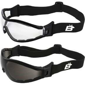 Birdz Eyewear Boogie Motorcycle & Skydiving Goggles Padded Black Frame Z87+ (Clear & Smoke)