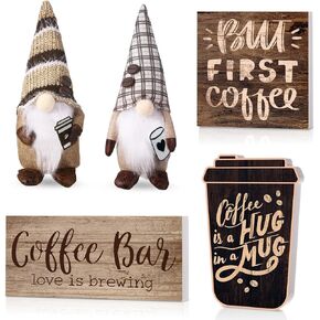 5 Pcs Coffee Tiered Tray Decor Set, Include 2 Pcs Rustic Coffee Gnomes and 3 Pcs Farmhouse Coffee Bar Tiered Tray Wood Signs for Coffee Bar Decorations