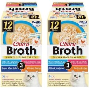 INABA Churu Broth Treats for Cats, Shredded Chicken & Creamy Broth with Vitamin E, 1.4 Ounces per Pouch, 16.8 Ounces Total (12 Servings), Chicken with Salmon Recipe