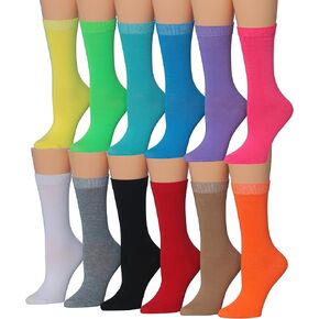 Tipi Toe Women's 12 Pairs Cheerful Black Red Grey Pink Yellow Cute Emojis Animal Faces Pattern Lightweight Crew Socks, CR182-T1