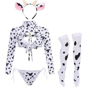 Sexy Cow Milk Leopard Cosplay Costume Kawaii Outfit Anime Lolita Mini Bikini Bra Lingerie Set for Women Teddy Japanese Halter Bodysuit Underwear Babydoll Nightwear 4pcs-Cow Maid Bikini Set