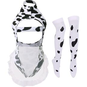 Sexy Cow Milk Leopard Cosplay Costume Kawaii Outfit Anime Lolita Mini Bikini Bra Lingerie Set for Women Teddy Japanese Halter Bodysuit Underwear Babydoll Nightwear 4pcs-Cow Maid Bikini Set
