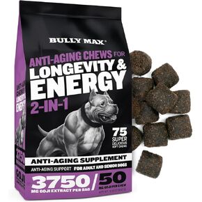 مضغ Bully Max 2 في 1 المضاد للشيخوخة لطول العمر والطاقة - مكمل لكبار الكلاب لتعزيز الحيوية والصحة مدى الحياة | مضادات الأكسدة وما بعد الحيوية | 75 قطعة مضغ طرية ولذيذة in Kuwait