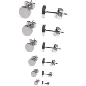 Ruifan 20G Stainless Steel Flat Top Stud Earrings for Men Women 3-8mm 6Pairs