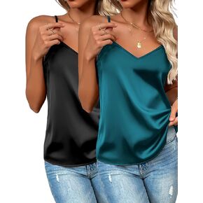 Zeagoo Women's Silk Satin Tank Tops 2024 V Neck Adjustable Spaghetti Strap Sleeveless Camisole Summer Basic Blouse